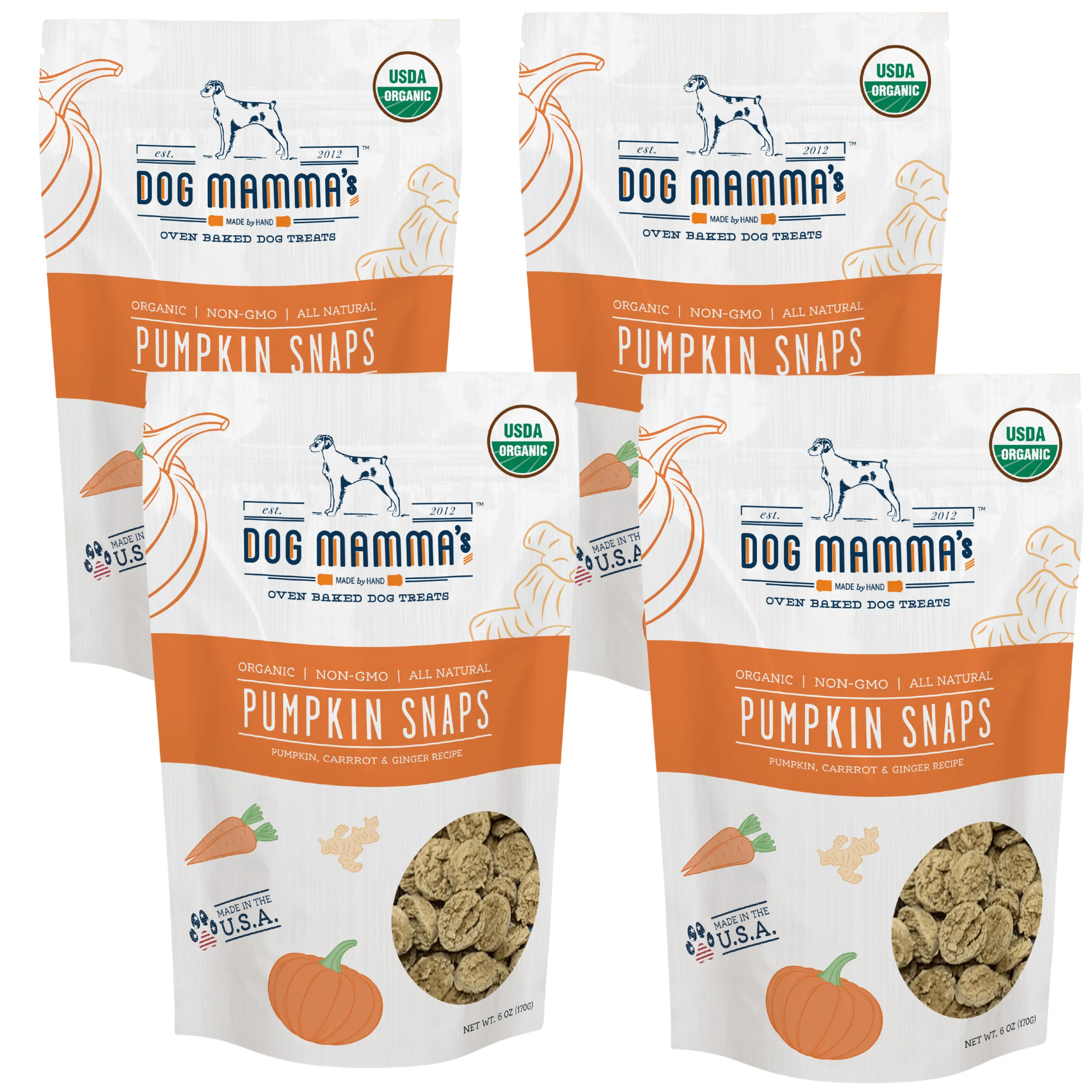 Dog Mamma's Organic Pumpkin Snaps  - Pack of 4 USDA Organic Certified Dog Treats