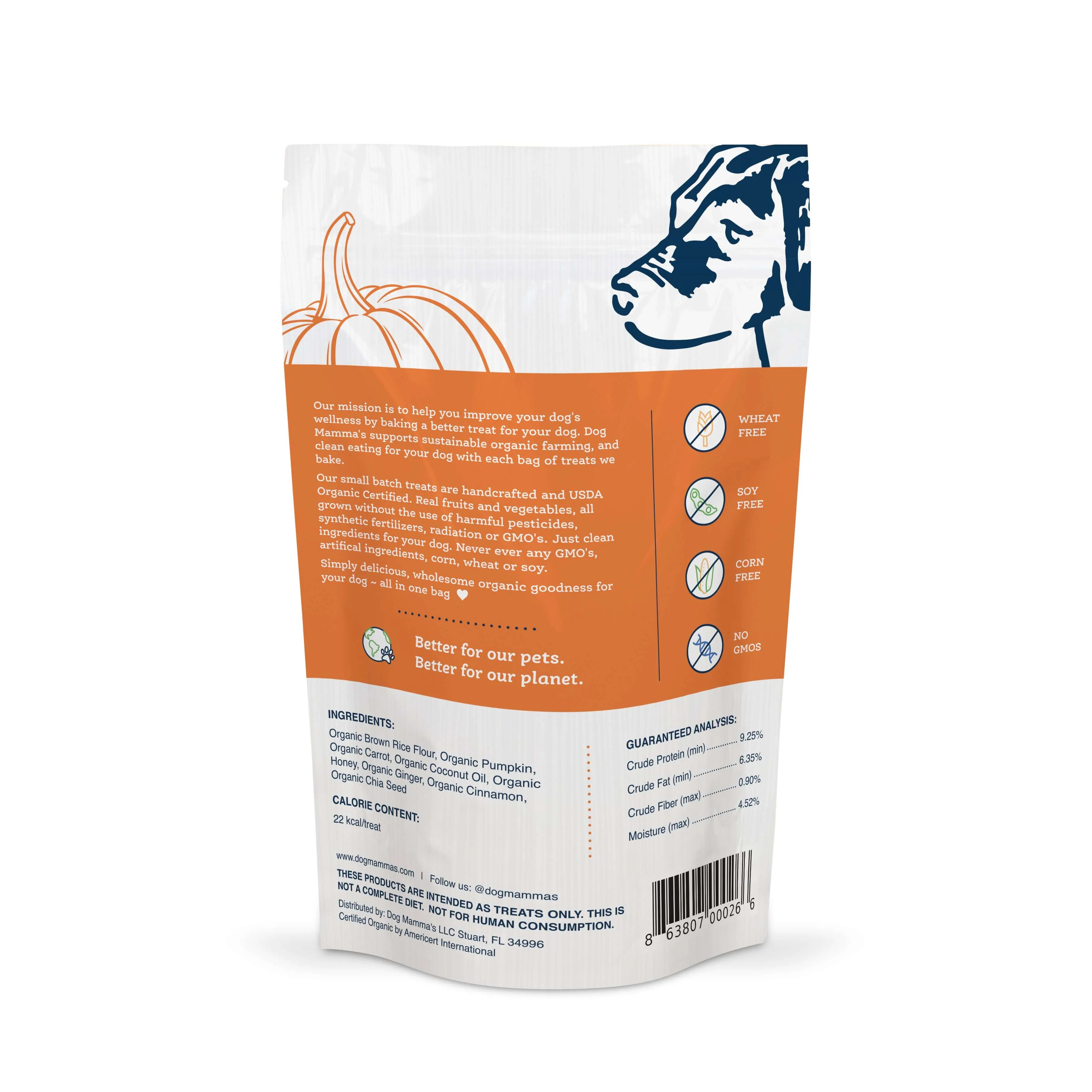 Dog Mamma's Organic Pumpkin Snaps  - Pack of 4 USDA Organic Certified Dog Treats