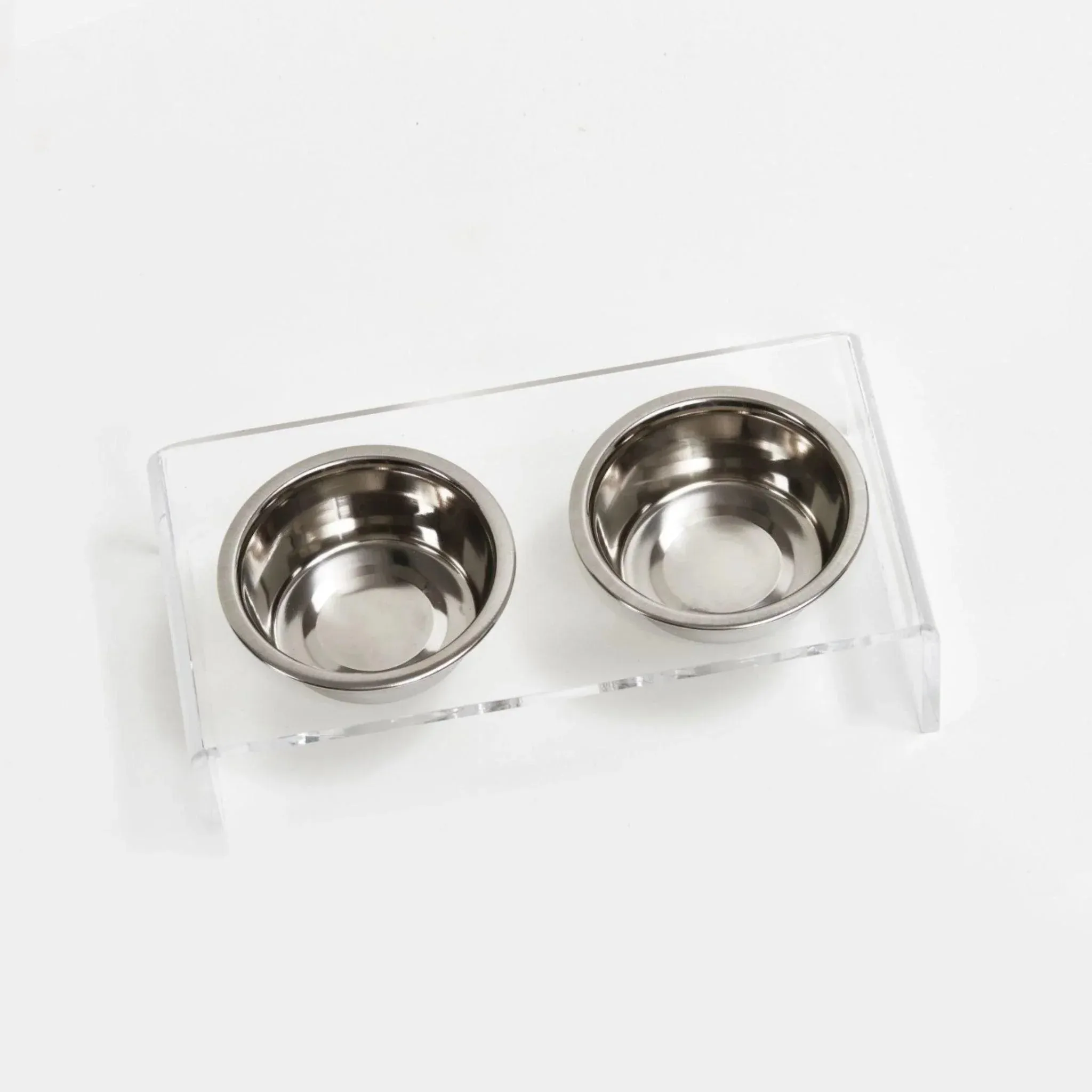 Small Clear Double Cat Bowl Feeder with Silver Bowls