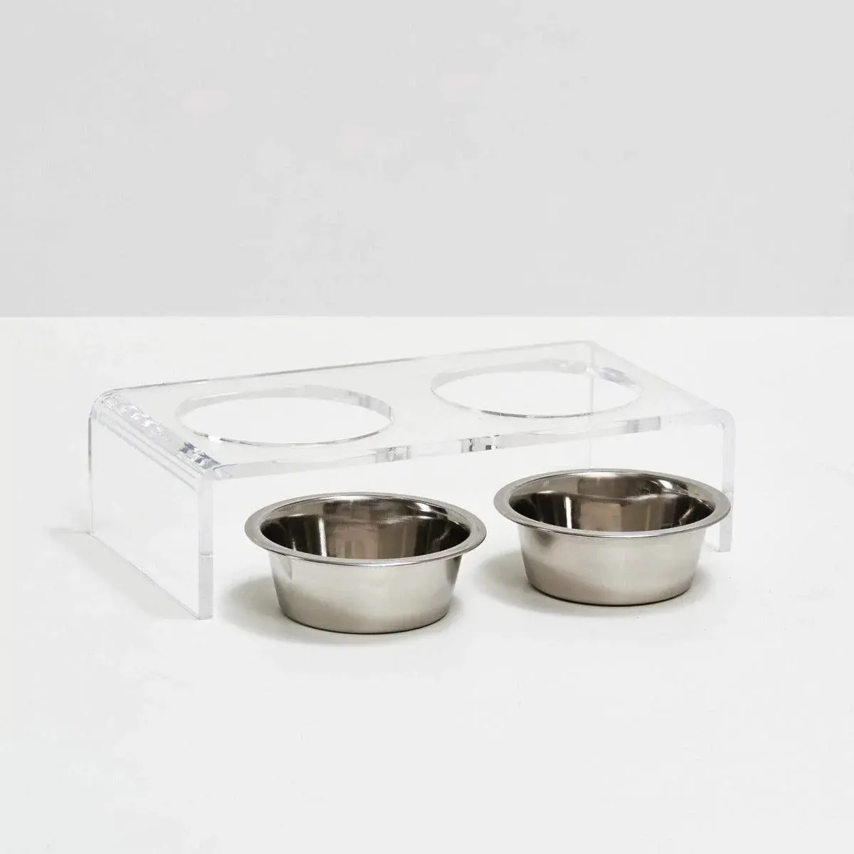Small Clear Double Cat Bowl Feeder with Silver Bowls