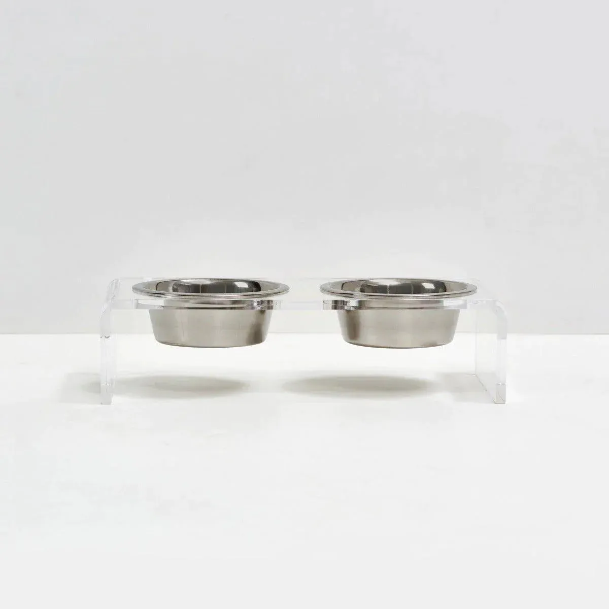 Small Clear Double Cat Bowl Feeder with Silver Bowls