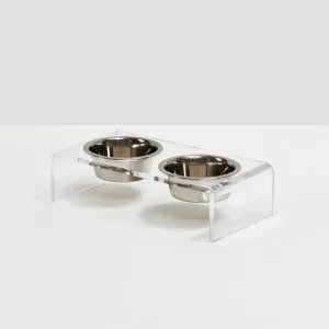 Small Clear Double Cat Bowl Feeder with Silver Bowls